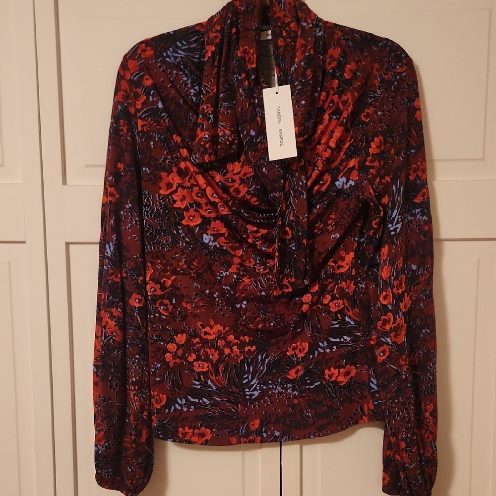 Samsoe -  Red and Blue Floral Blouse with Tie Detail